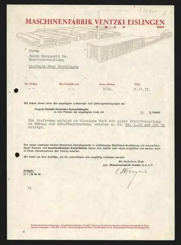 Rechnung Eislingen 1937, Maschinenfabrik Ventzki GmbH, Modell der Fabrikanlage mit Lagerhallen und Geschäftsgebäude