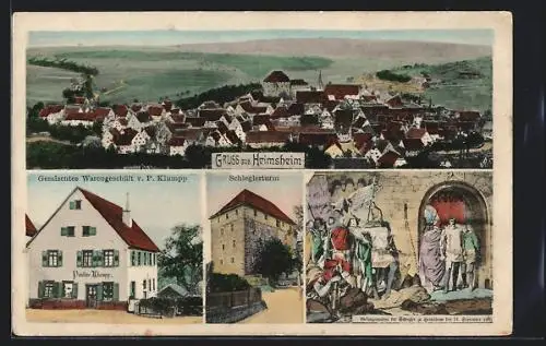 AK Heimsheim, Gemischtes Warengeschäft v. P. Klumpp, Schleglerturm, Gefangennahme der Schlegler 1395