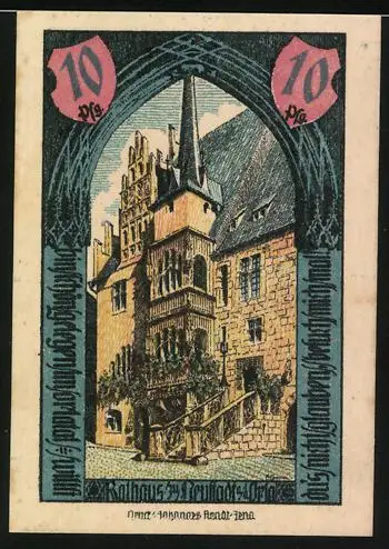 Notgeld Neustadt /Orla 1921, 10 Pfennig, Gerber- und Tuchmacher-Siegel, Wappen, Rathaus