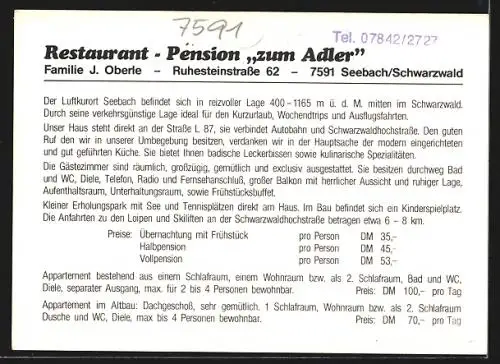 AK Seebach / Mummelsee, Restaurant und Pension zum Adler, Ruhesteinstrasse 62