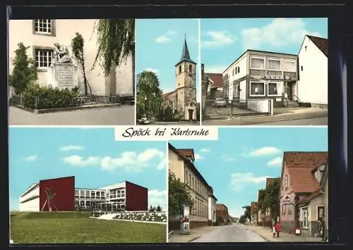 AK Spöck bei Karlsruhe, Strassenpartie mit Litfasssäule, Gefallenendenkmal, Kirche, Bank