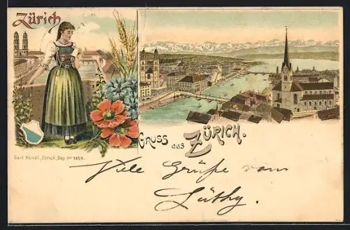 Lithographie Zürich, Panorama mit Kirche, Frau in Tracht