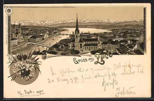 Lithographie Zürich, Totale mit Kirche