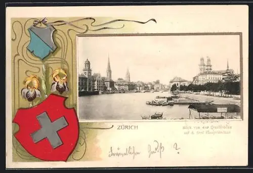 Passepartout-Lithographie Zürich, Blick von der Quaibrücke auf die drei Hauptkirchen