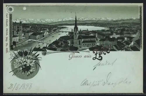 Lithographie Zürich, Totalansicht mit Kirchturm und Flusslauf