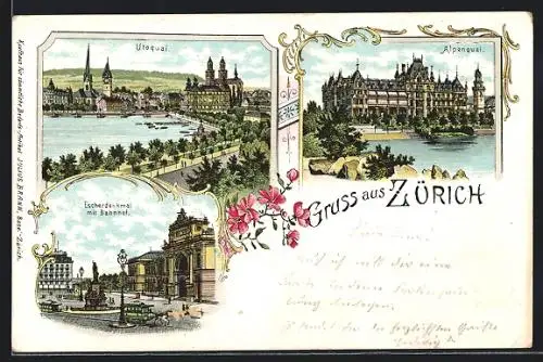 Lithographie Zürich, Utoquai, Escherdenkmal mit Bahnhof, Alpenquai