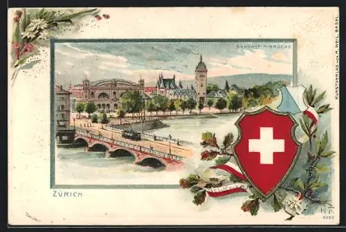 Passepartout-Lithographie Zürich, Schweizerfahne und Bahnhof mit Brücke und Strassenbahn