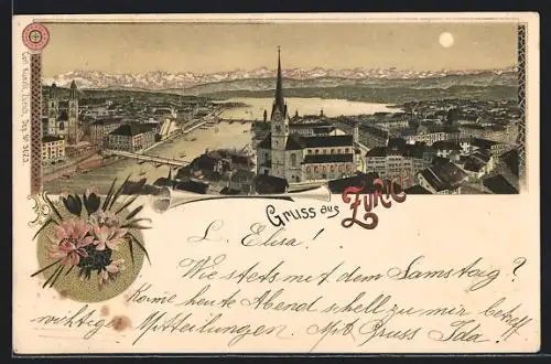 Lithographie Zürich, Totale mit Kirche