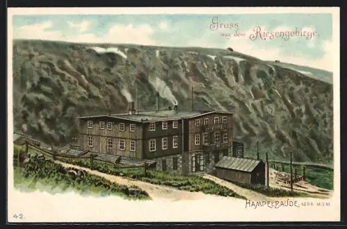 Lithographie Hampelbaude, Berghütte im Riesengebirge