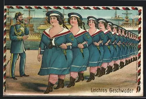 Künstler-AK Leichtes Geschwader, Frauen in Uniform marschieren im Gleichschritt