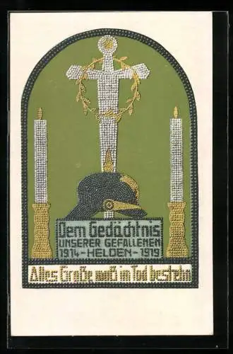 AK Nagelung zugunsten der gefallenen Helden 1914-1919, Pickelhaube und Kerzen