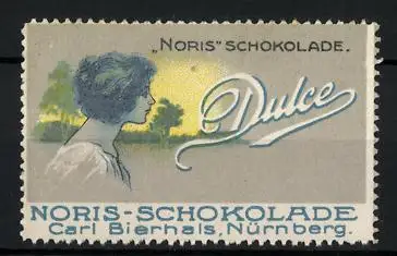 Reklamemarke Noris-Schokolade Dulce, Carl Bierhals, Nürnberg, Frau am Feldrand