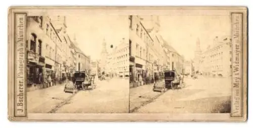 Stereo-Fotografie J. Bscherer, München, Ansicht München, Strassenpartie mit Blick zum Tor und Geschäften