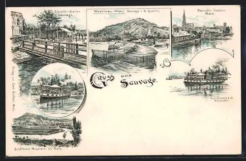 Lithographie Sauvage, Dampfer Station, Wadrinau-Wehr, Dampfer-Station Metz, Schiffbarer Moselarm