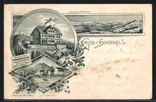 Lithographie Graz, Alpen-Hôtel Stubenberghaus auf dem Schöckel, Nördliche Aussicht, Teilansicht