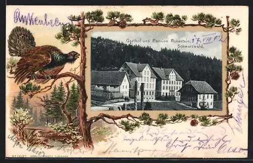 Passepartout-Lithographie Ruhestein /Schwarzwald, Gasthof und Pension, Auerhahn auf einem Ast