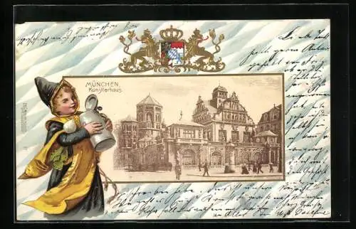 Passepartout-Lithographie München, Münchner Kindl vor dem Künstlerhaus, Synagoge, Wappen