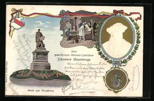 AK Strassburg, 500jähriges Geburts-Jubiläum Johannes Gutenbergs, Denkmal