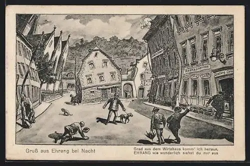 Wirtshaus-AK Ehrang, Strassenpartie mit Wirtshaus aus der Sicht eines Betrunkenen