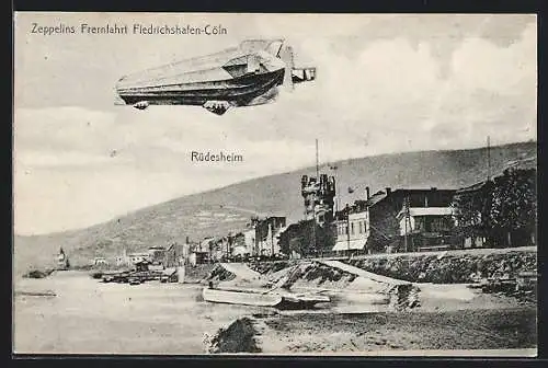 AK Rüdesheim / Rhein, Zeppelin über der Stadt, Fernfahrt Friedrichshafen-Cöln