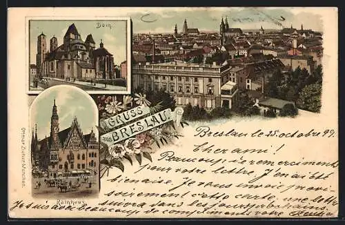 Lithographie Breslau, Ortsansicht mit Rathaus und Dom