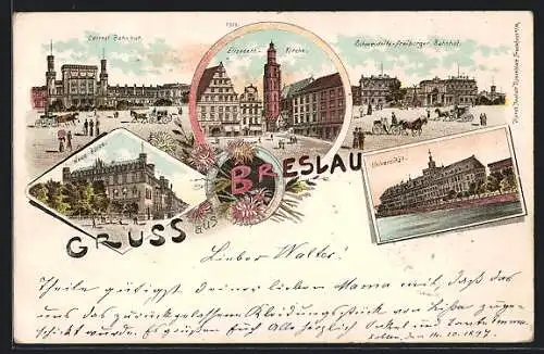 Lithographie Breslau, Central-Bahnhof, Elisabeth-Kirche, Universität