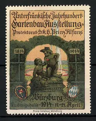 Reklamemarke Würzburg, Unterfränkische Jahrhundert-Gartenbau-Ausstellung 1914, zwei nackte Buben, Wappen