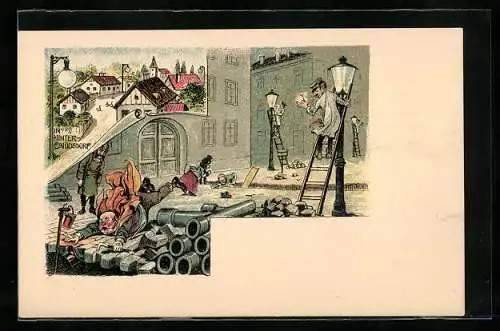 Lithographie Hinter-Einödsdorf, Strassenbau, Blick in den Ort