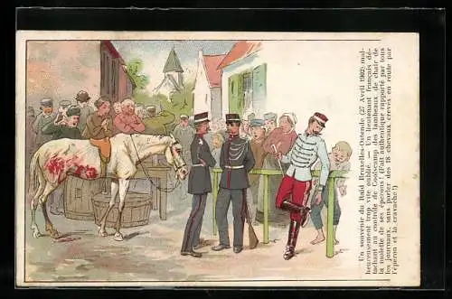 Lithographie lieutenant francais détachant au controle de Coolscamp des lambeaux de chair de la molette de ses éperons