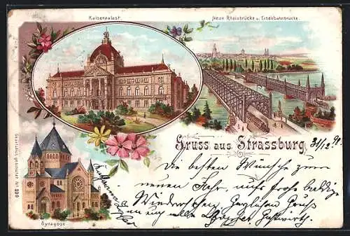 Lithographie Strassburg, Synagoge, Kaiserpalast, Neue Rheinbrücke