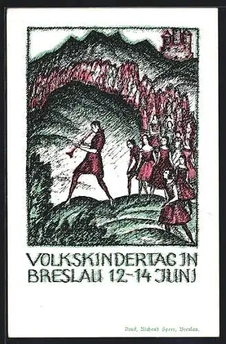 Künstler-AK Breslau, Volkskindertag im Juni 1914, Flötist führt einen Festzug an