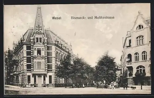AK Wesel / Rhein, Bismarck- und Moltkestrasse, Kreuzung mit Eckgebäuden