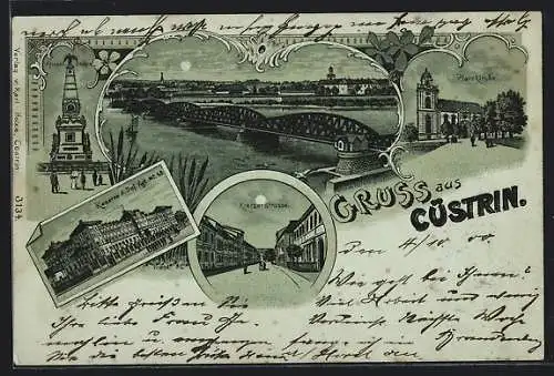 Mondschein-Lithographie Cüstrin, Kaserne d. Inf. Rgt. Nr. 48, Kietzerstrasse, Pfarrkirche