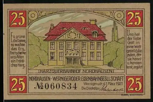 Notgeld Wernigerode 1921, 25 Pfennig, Fronansicht Harzquerbahnhof