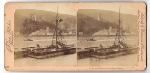 Stereo-Fotografie J. F. Jarvis, Washington, Ansicht Stolzenfels, Frachtkahn mit Blick nach Schloss Stolzenfels