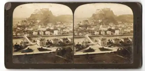 Stereo-Fotografie H. C. White Co., London, Ansicht Salzburg, Blick vom Villenviertel nach der Stadt mit Burg