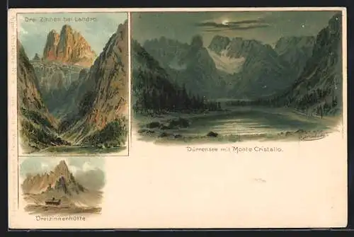 Lithographie Dreizinnenhütte, Ansicht gegen die Berge, Dürrensee, Drei Zinnen