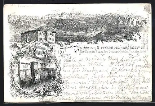 Lithographie Unterkunftshaus auf dem Rittnerhorn, Berghütte des Österreich. Touristen-Clubs, Innenansicht