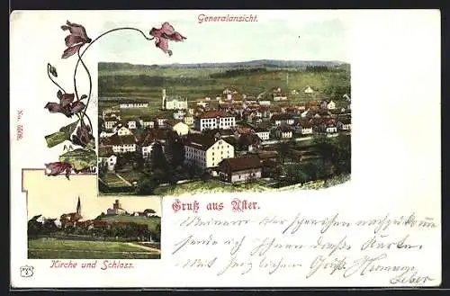 Lithographie Uster, Kirche und Schloss, Gesamtansicht