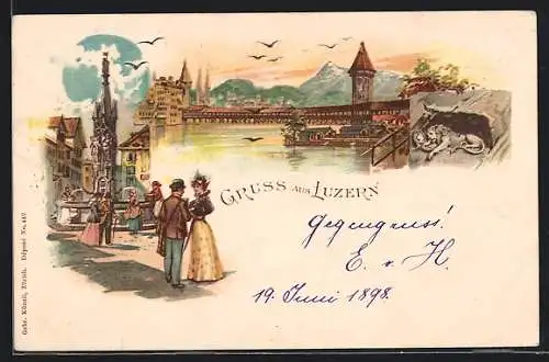 Lithographie Luzern, Marktplatz mit Brunnen, Ortsansicht bei Dämmerung