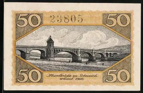 Notgeld Schweich 1920, 50 Pfennig, Moselbrücke zu Schweich erbaut 1906
