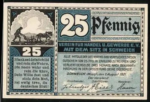 Notgeld Schweich 1921, 25 Pfennig, Schweicher Fähre, Bauer bei der Feldarbeit