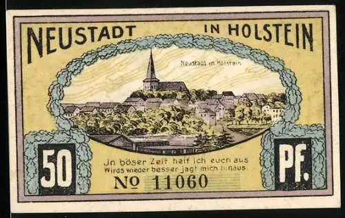 Notgeld Neustadt in Holstein 1921, 50 Pfennig, Ortsansicht mit Kirche, Der Löwe von Dänemark, Wappen
