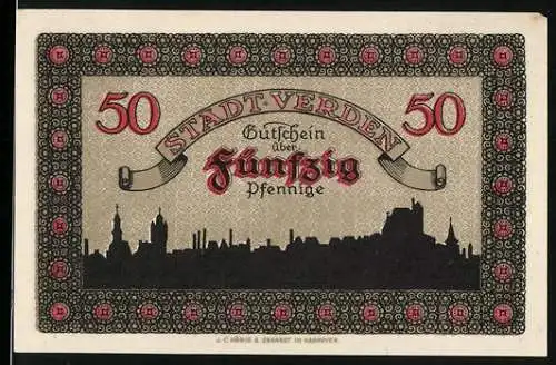 Notgeld Verden 1920, 50 Pfennig, Panorama der Stadt im Scherenschnitt