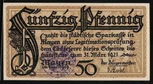 Notgeld Mayen 1921, 50 Pfennig, Genovevaburg und Brückentor