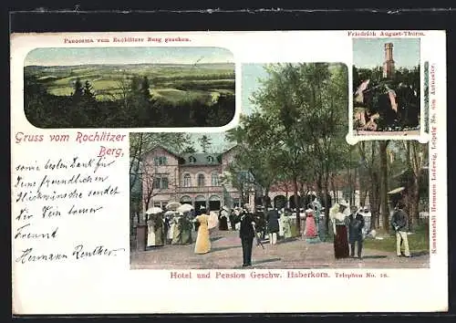 AK Rochlitz, Hotel und Pension Geschw. Haberkorn, Friedrich August-Turm und Panorama vom Rochlitzer Berg gesehen