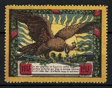 Reklamemarke Befreiungskriege, Adler mit Krone und Eisernem Kreuz auf einem Schwert, Hunderjahrfeier 1813-1913