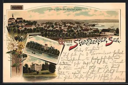 Lithographie Starnberg, Teilansicht von der Villa Prinz Carl gesehen u. Starnberger See, Roseninsel, Schloss Berg