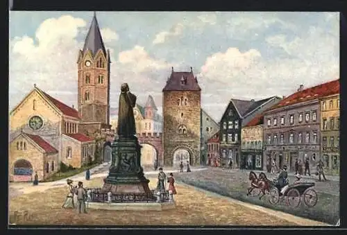 Künstler-AK Eisenach, Karlsplatz mit Lutherdenkmal
