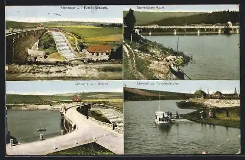 AK Dippoldiswalde, Sperrmauer m. Elektrizitätswerk, Sperrbrücken-Mauer, Talsperre m. Brücke, Bahnhof u. Dampfbootstation